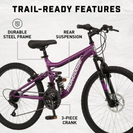 Mongoose Major Mountain Bike, 24-inch wheels, 21 speeds, purple, womens style frame