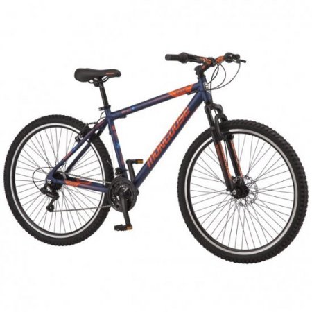 Mongoose Exhibit Mountain Bike, 29-inch wheels, 21 speeds, blue