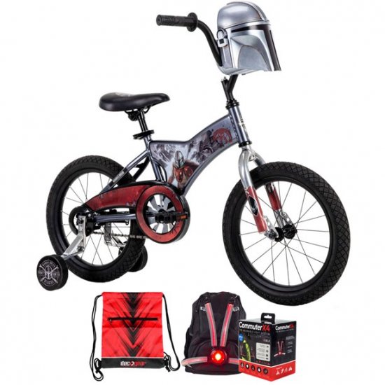 Huffy 21620 Star Wars Mandalorian Boys\' Bike with Training Wheels, 16-inch Bundle with Veglo Commuter X4 Wearable Rear Light System and Deco Essentials Drawstring Bag