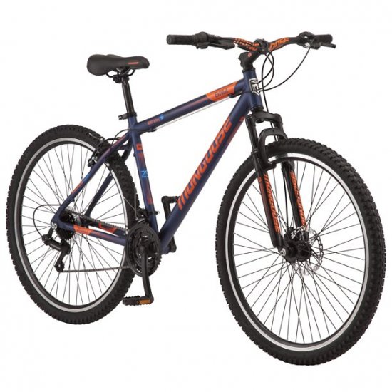 Mongoose Exhibit Mountain Bike, 29-inch wheels, 21 speeds, blue