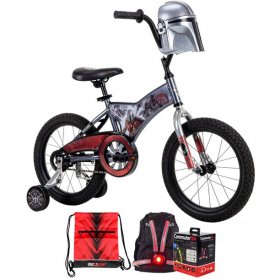 Huffy 21620 Star Wars Mandalorian Boys' Bike with Training Wheels, 16-inch Bundle with Veglo Commuter X4 Wearable Rear Light System and Deco Essentials Drawstring Bag